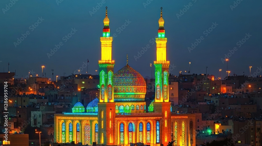 Obraz premium Illuminated Mosque at Night in Saudi Arabia Cityscape View