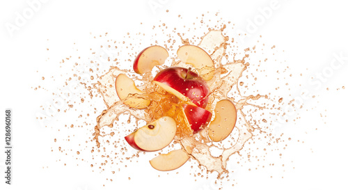 Exploding Apple High Speed Photo of Fruit Destruction Pieces and juice Splash Food Nature isolated on transparent background, png