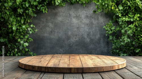Wooden round podium with green leaves and concrete wall in background