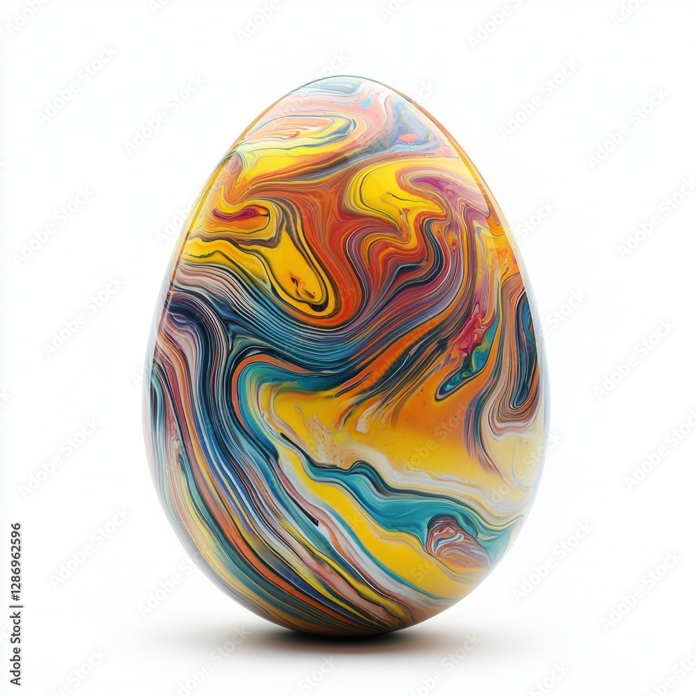 Happy Easter distorted egg with warped liquid paint swirls and stretched color patterns isolated on white background Happy Easter distorted egg with warped liquid paint swirls and stretched color patterns isolated on white background