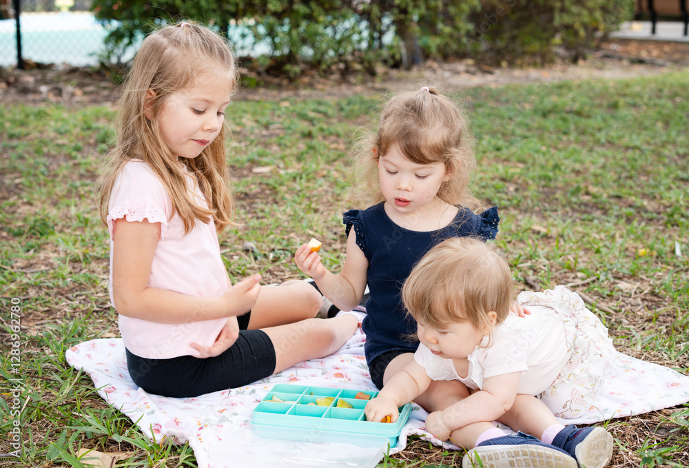 Three sisters having a picnic. Kids enjoying picnic in the park. Kids summer fun activities. Three sisters having a picnic. Kids enjoying picnic in the park. Kids summer fun activities.