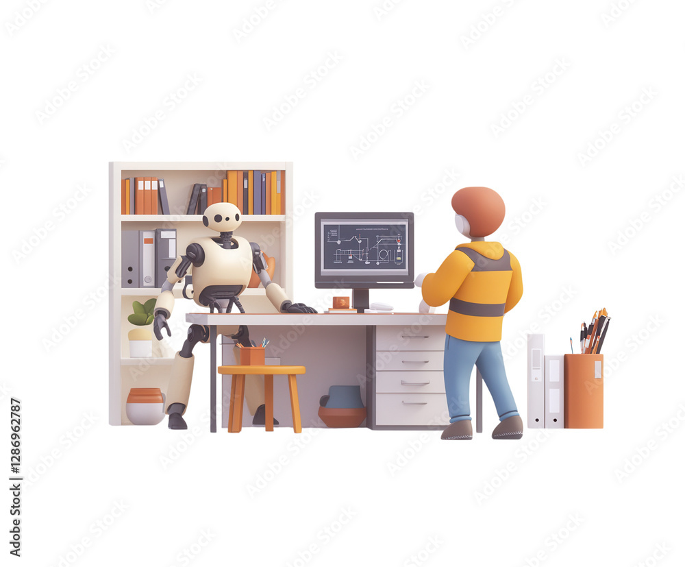 Fototapeta premium A robot and a human working together at a modern desk, surrounded by office tools PNG transparent.