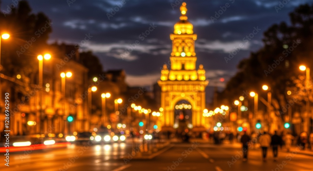 Naklejka premium Illuminated historical monument amidst bustling city nightlife ambiance