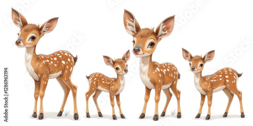 Charming Deer Family Illustration with Fawn Character on White Background