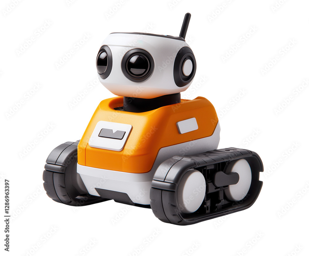 A small educational robot teaching kids coding, pure flat white background. PNG transparent. A small educational robot teaching kids coding, pure flat white background. PNG transparent.