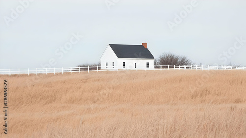 White house, field, winter, fence, countryside, serenity, landscape, stock photo