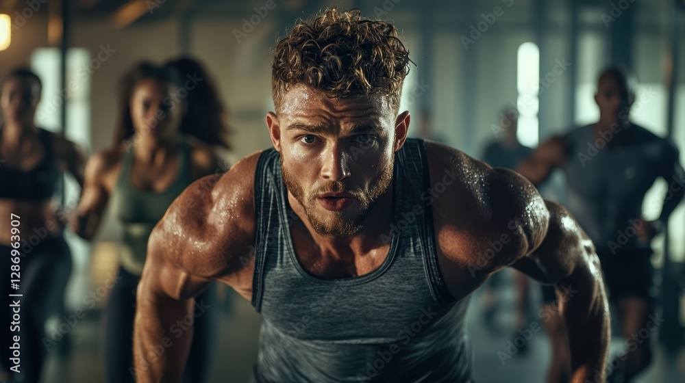 Fototapeta premium Intense Workout Session Led by Motivational Fitness Coach in Modern Gym Setting