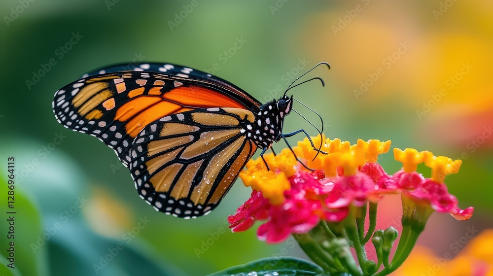 Fototapeta premium A monarch butterfly on vibrant flower, morning dew glistening softly.