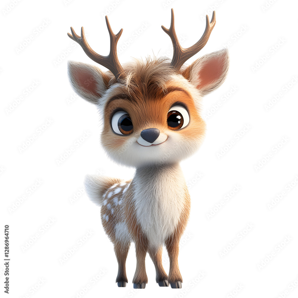 Fluffy 3D Cartoon Deer with Soft Antlers and Glowing Isolated on Transparent Background Fluffy 3D Cartoon Deer with Soft Antlers and Glowing Isolated on Transparent Background