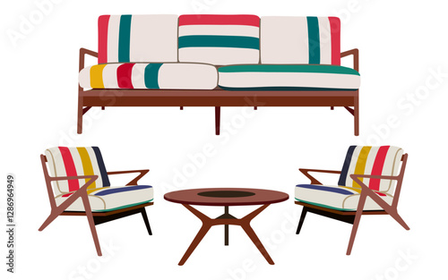 Modern sofas, armchairs and couches vector set. Trendy soft furniture collection in retro Mid Century modern style. Colored flat vector illustration isolated