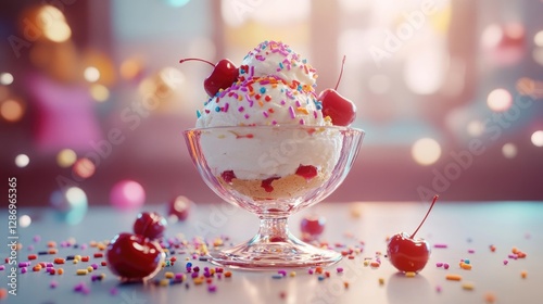 A delightful ice cream sundae topped with colorful sprinkles and cherries