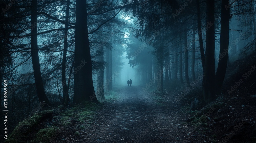 Fototapeta premium Mysterious forest path with shadowy figures shrouded in thick fog and an eerie, gloomy atmosphere