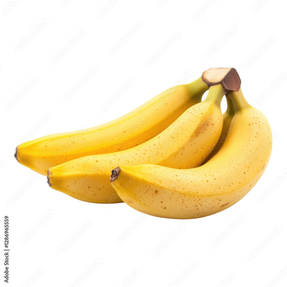 A cluster of three ripe yellow bananas, showcasing their natural curves and speckled skin. A cluster of three ripe yellow bananas, showcasing their natural curves and speckled skin.