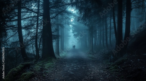Mysterious forest path with shadowy figures shrouded in thick fog and an eerie, gloomy atmosphere