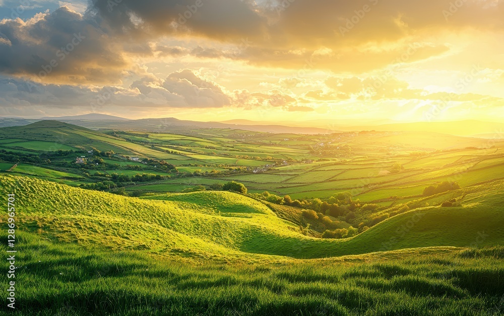 Obraz premium Irish countryside with soft rolling hills in golden sunset light for Saint Patricks Day