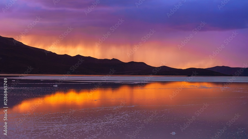 Fototapeta premium Wallpaper 16:9, Desktop background, Salt desert Uyuni at sunset, Bolivia
