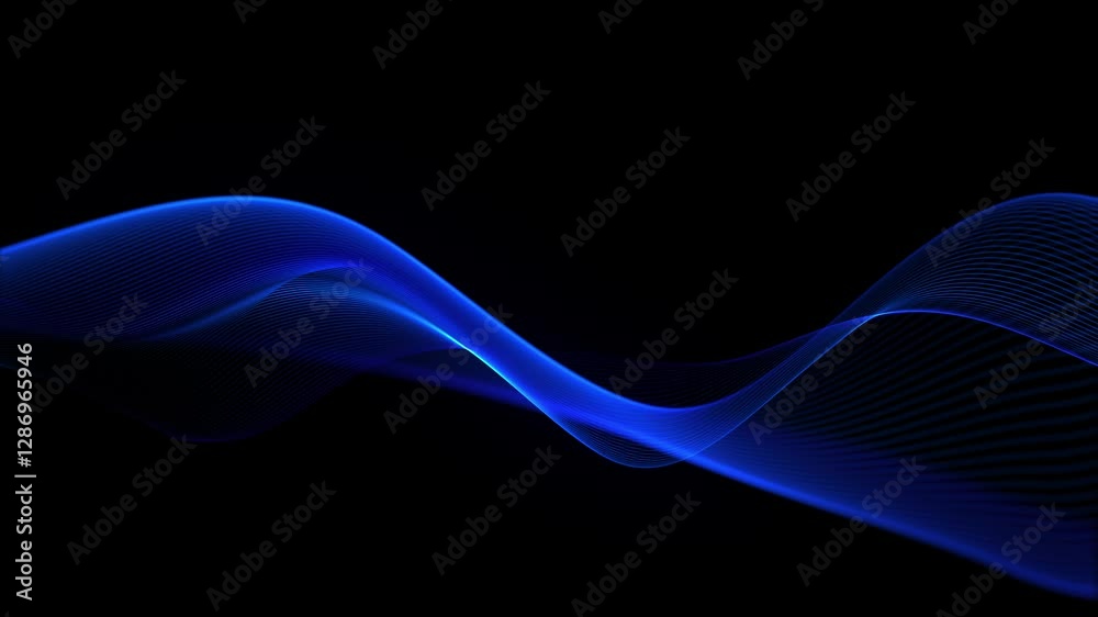 Blue wave on black background. Glowing wave motion mockup for video. Looping vector wave. Blurred smoke, tech artificial intelligence. 60 fps, 4k.