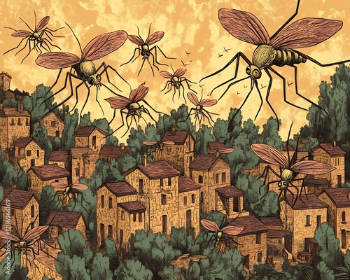 Vintage style illustration of microevolution in mosquitoes depicting resistance to DDT with a village backdrop and intricate environmental details natural earth tones