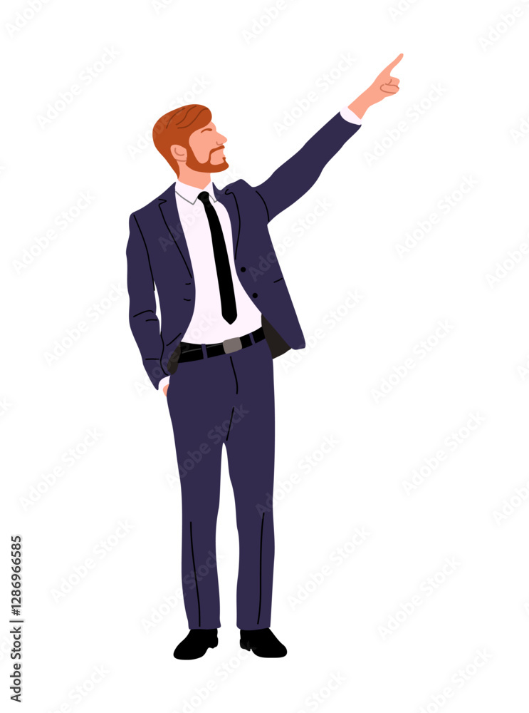 Businessman character pointing up. Handsome man with beard wearing formal suit showing, presenting something. Vector realistic illustration isolated Businessman character pointing up. Handsome man with beard wearing formal suit showing, presenting something. Vector realistic illustration isolated
