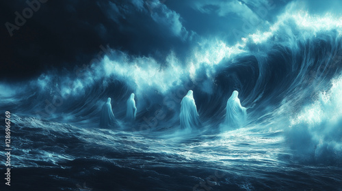 A mystical tsunami with ghostly figures emerging from the waves photo