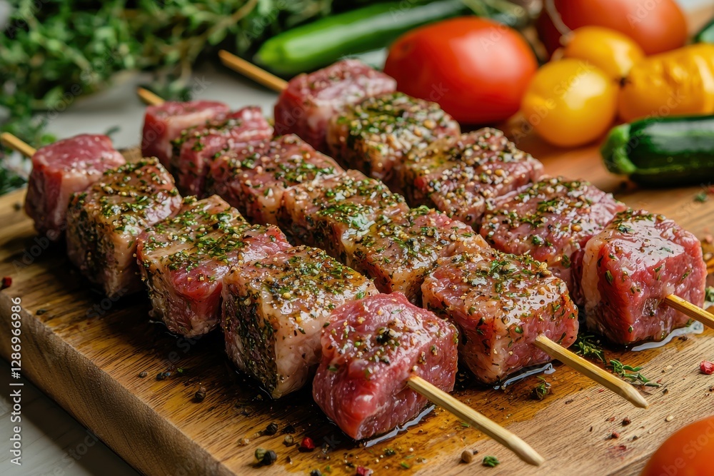 Mouthwatering marinated beef skewers on a wooden board, adorned with fresh vegetables and herbs, ready for a delightful barbecue feast, a perfect summer treat. Mouthwatering marinated beef skewers on a wooden board, adorned with fresh vegetables and herbs, ready for a delightful barbecue feast, a perfect summer treat.