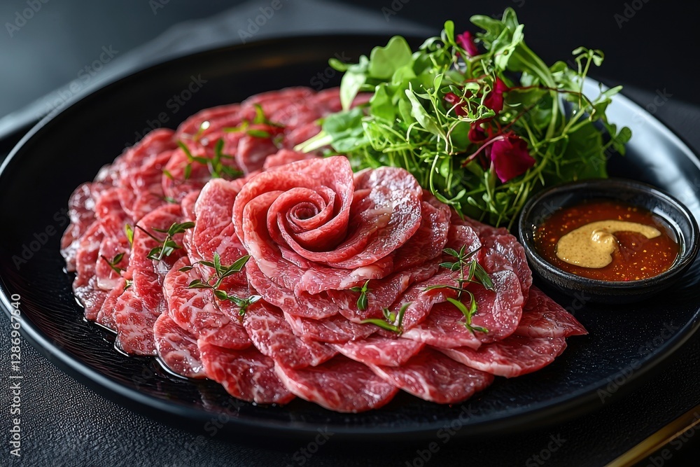 Exquisite wagyu beef carpaccio arranged in a rose shape on a dark plate, garnished with fresh greens, served with a flavorful dipping sauce for a culinary delight. Exquisite wagyu beef carpaccio arranged in a rose shape on a dark plate, garnished with fresh greens, served with a flavorful dipping sauce for a culinary delight.