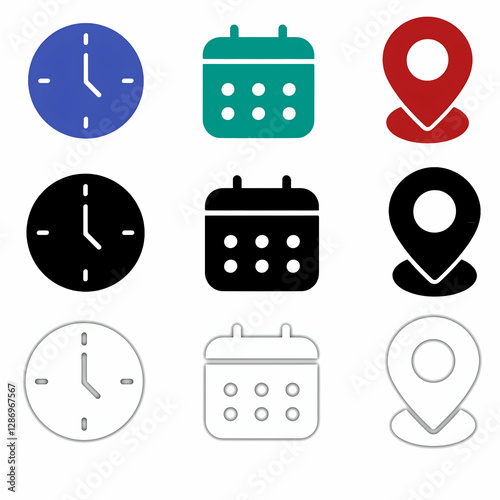 Time, date and address or location icons. Time, date and address vector collection,vector set of flat icons for web