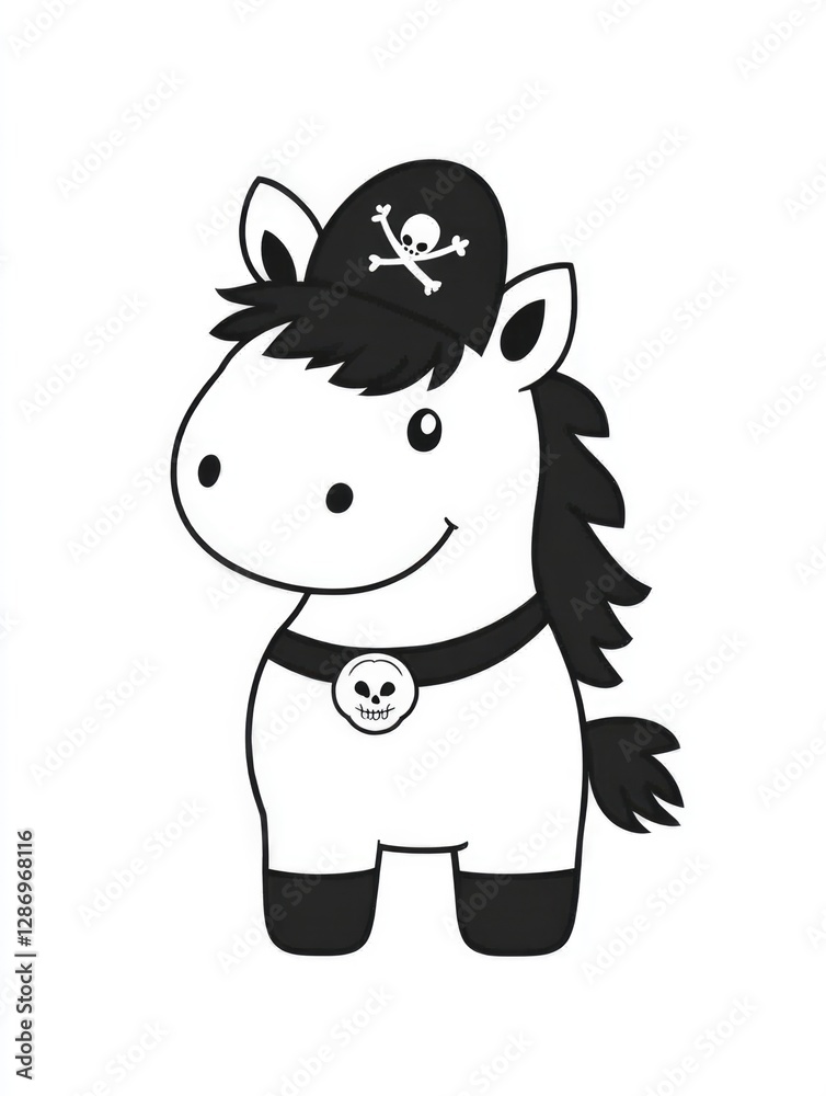 Fototapeta premium This pirate horse character dons a skull and crossbones hat, combining humor and adventure for a fun and whimsical design suited for children's books and games.