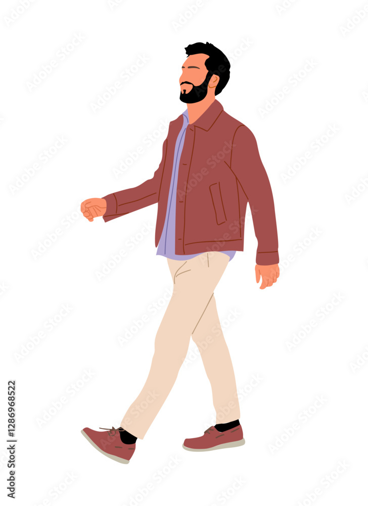 Businessman walking side view. Bearded handsome man in smart casual business outfit. Cartoon male character. Vector realistic illustration isolated Businessman walking side view. Bearded handsome man in smart casual business outfit. Cartoon male character. Vector realistic illustration isolated