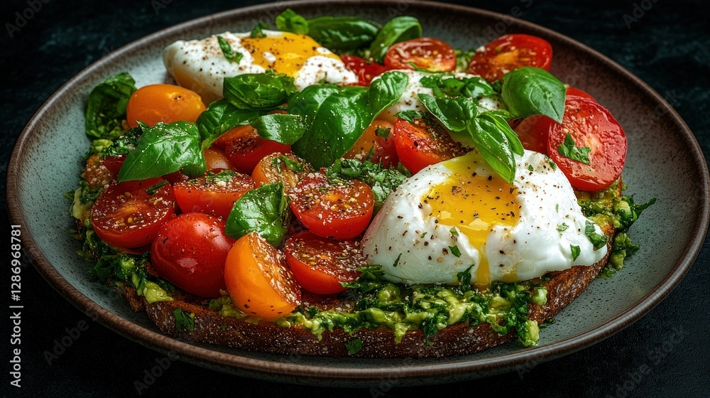 Poached egg avocado toast with cherry tomatoes and basil on dark background Poached egg avocado toast with cherry tomatoes and basil on dark background