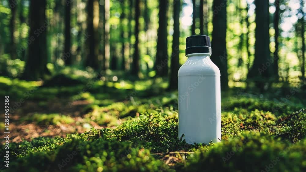 Water bottle standing on green mossy ground in a vibrant forest during daylight hours Water bottle standing on green mossy ground in a vibrant forest during daylight hours