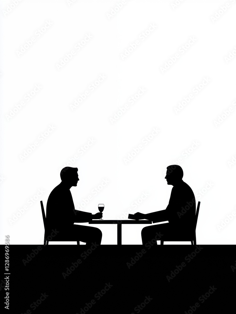 Two individuals sitting at a table, engaging in conversation while enjoying drinks in a minimalist setting. Generative AI Two individuals sitting at a table, engaging in conversation while enjoying drinks in a minimalist setting. Generative AI
