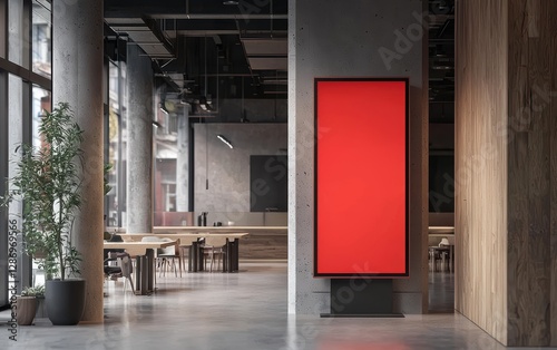 Minimalist vertical advertising screen in co-working space; OOH 6-sheet mockup