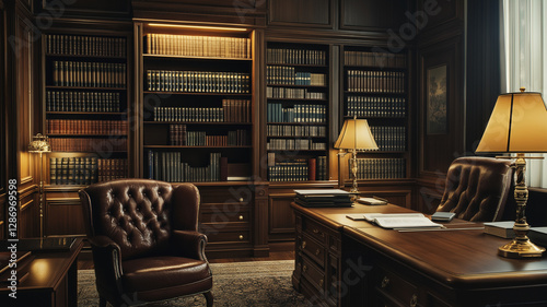 Wallpaper Mural sophisticated law office featuring mahogany desks, leather chairs, and extensive bookshelves filled with law books. warm lighting creates professional and inviting atmosphere Torontodigital.ca