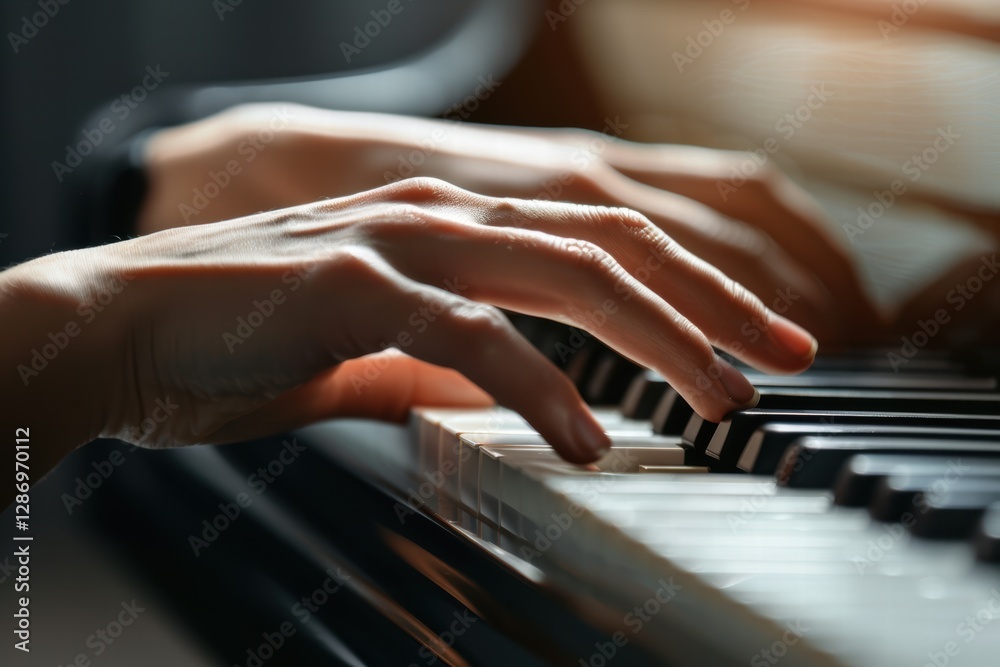 Obraz premium Close-up of a musician’s hands on piano keys