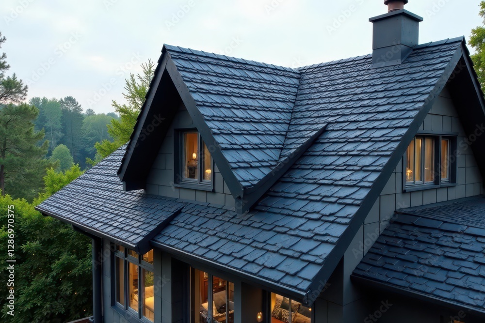 Sleek grey and black asphalt shingles on a modern roof , design, tops, gray Sleek grey and black asphalt shingles on a modern roof , design, tops, gray