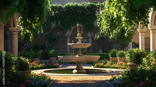 green mediterranean courtyard with fountain and blossoms