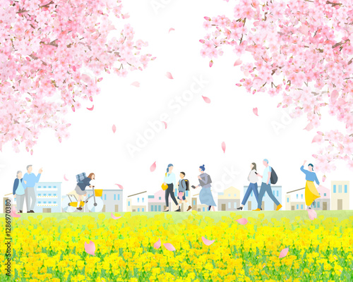 People walking along a bank where rape blossoms are blooming - Full body - Cherry blossom viewing season - Cherry blossoms falling background Vector illustration material 桜-菜の花の咲く土手沿いを歩く人々-お花見シーズン