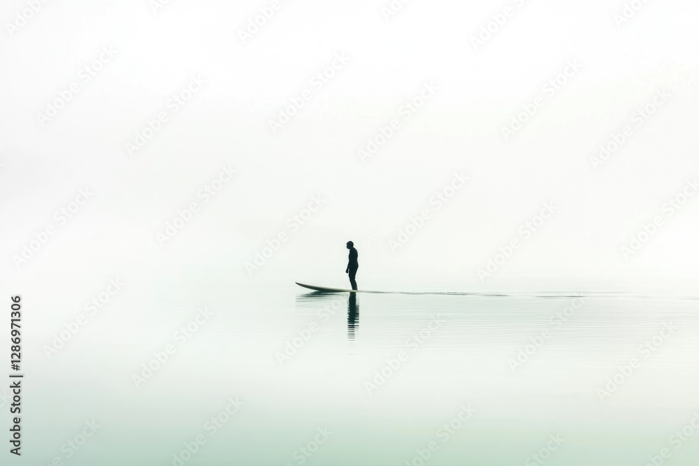 Naklejka premium Solitary figure paddleboarding on a calm, foggy lake, a serene and minimalist scene.