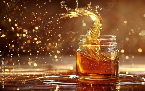 A glass jar of caramel sauce tipping over with golden ribbons of liquid splashing, warm burnt sienna background