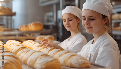 Two young bakers in training at the baking tray baking yeast plaited bread in the large bakery photo