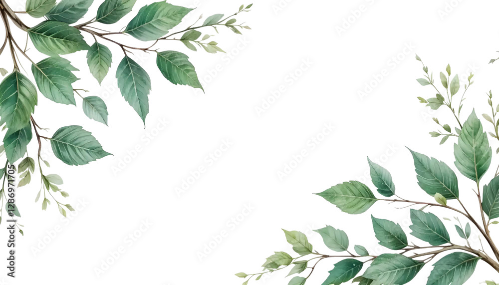 Naklejka premium Elegant Watercolor Greenery and Delicate Leafy Frame on White