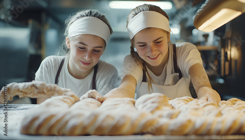 Two young bakers in training at the baking tray baking yeast plaited bread in the large bakery photo