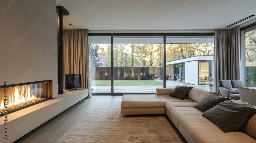 Fototapeta premium Modern Minimalist Living Room with Built-In Bioethanol Fireplace for Cozy Ambiance