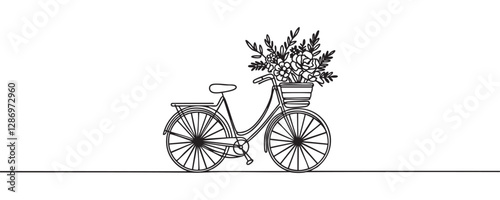 Bicycle with basket of flowers in one line style. vector illustration