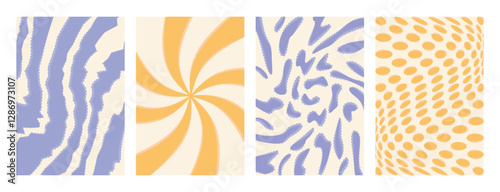 Blue and yellow set of hippie 70s posters in groovy style. Four trendy psychedelic cards, Y2k aesthetic vector backgrounds, twisted or distorted effect