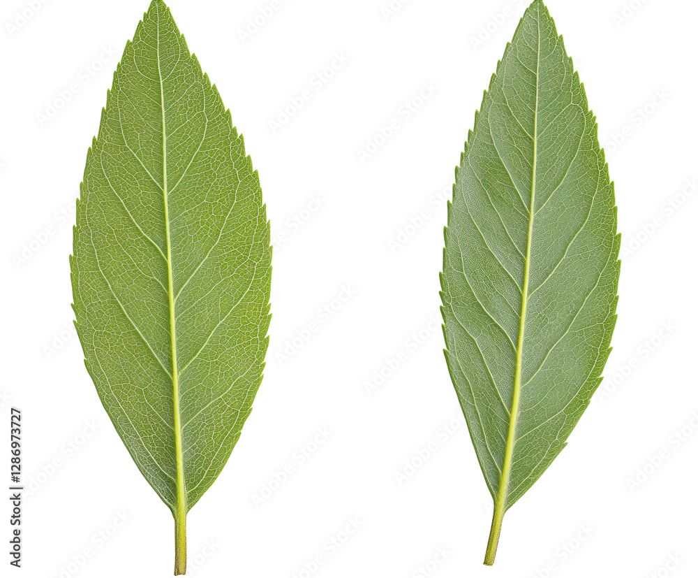 Fototapeta premium Two green leaves symbolizing nature and life isolated on a white background PNG transparent.
