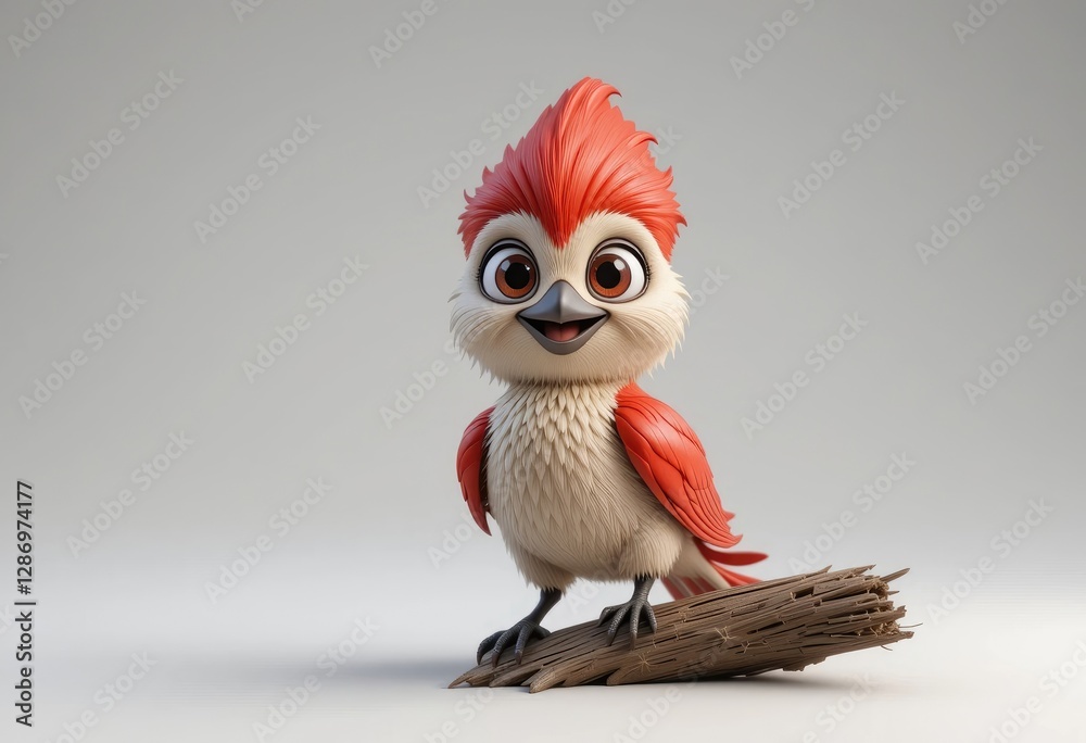 Fototapeta premium Cute Cartoon Bird Character Perched on Branch with Happy Expression
