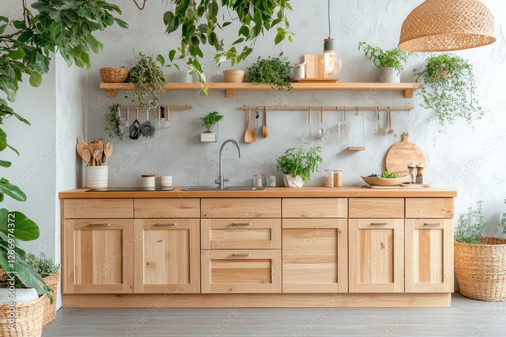 Fototapeta premium Wooden kitchen interior with plants, hanging utensils, sink, and organized shelves