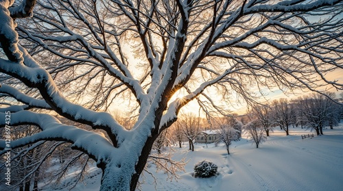 Snow-covered tree branches at sunrise in a winter landscape.